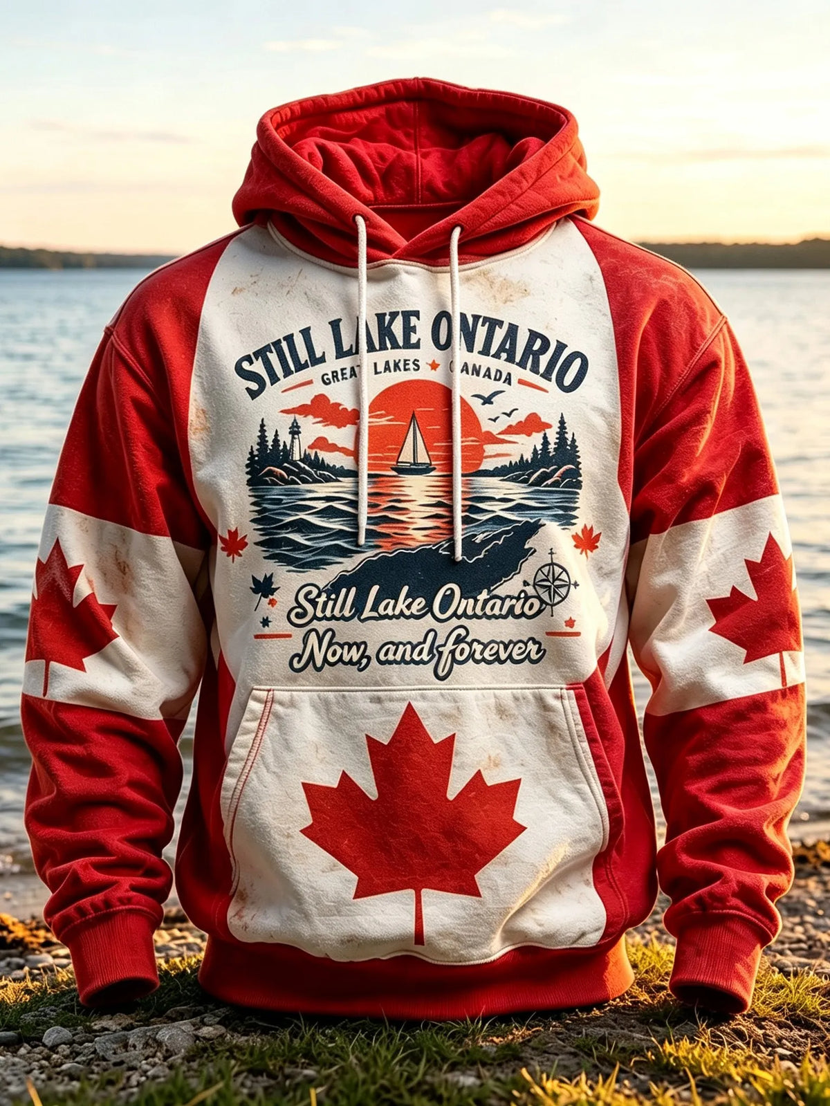 Men's Retro Lake Ontario And Maple Leaf Print Hoodie