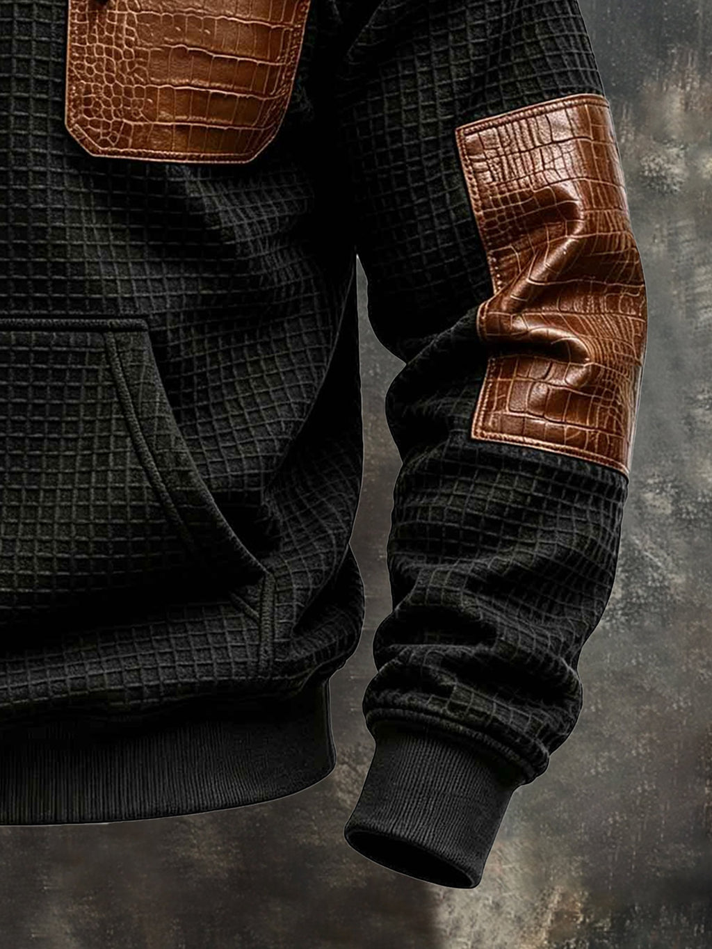 Men's Retro Waffle-Knit Sweatshirt with Crocodile-Effect Panels and Fur Collar