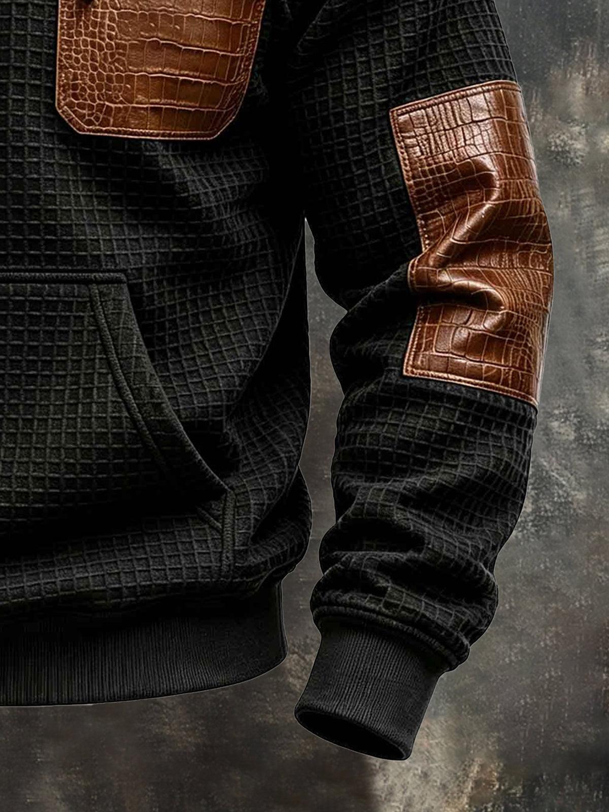 Men's Retro Waffle-Knit Sweatshirt with Crocodile-Effect Panels and Fur Collar
