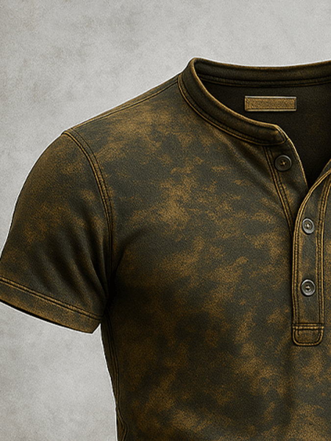 Men's Basic Casual Vintage Washed Distressed Short Sleeve T-Shirt with Henry Collar