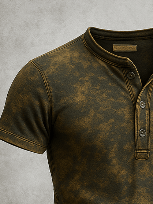 Men's Basic Casual Vintage Washed Distressed Short Sleeve T-Shirt with Henry Collar