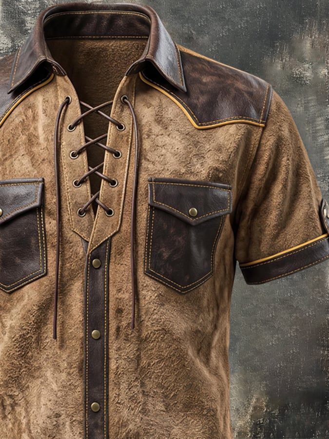 Men's Retro Faux Suede and Leather Panel Lace-Up T-Shirt