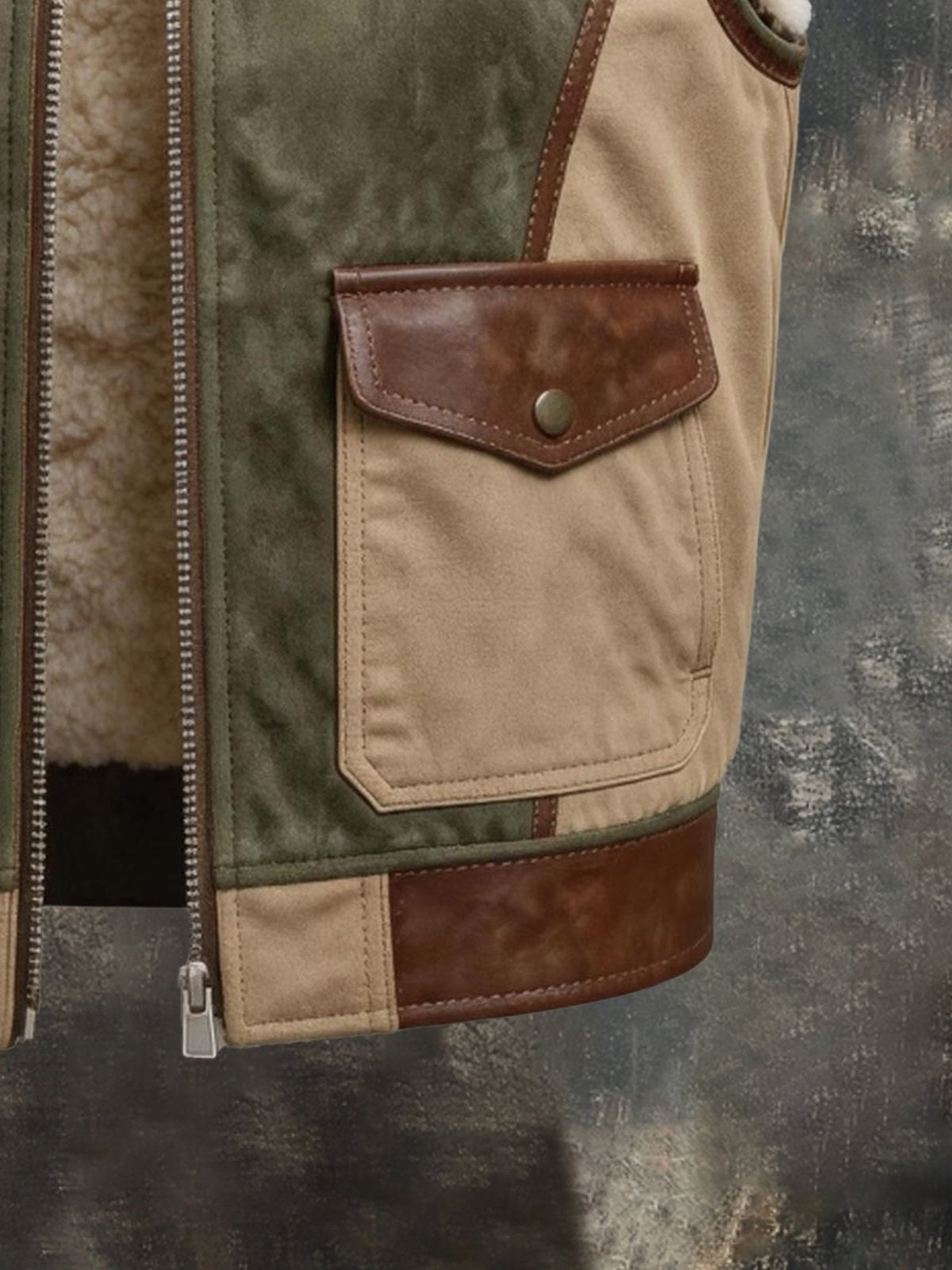Men’s Vintage-Style Color-Block Leather-Paneled Multi-Pocket Fleece-Lined Workwear Vest