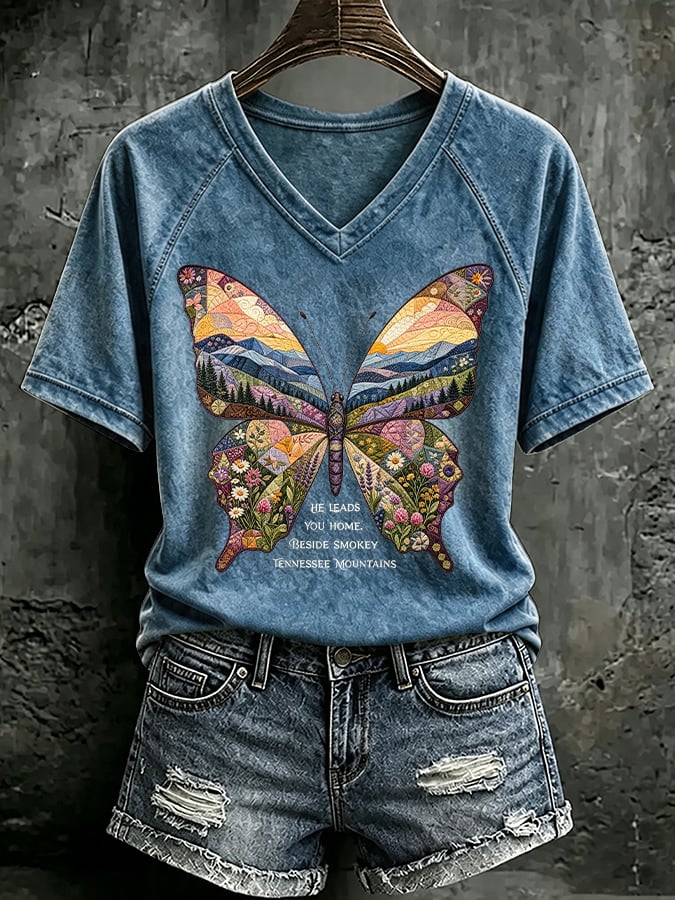 V Neck Retro Butterfly He Leads You Home Beside Smokey Tennessee Mountains Print T-Shirt