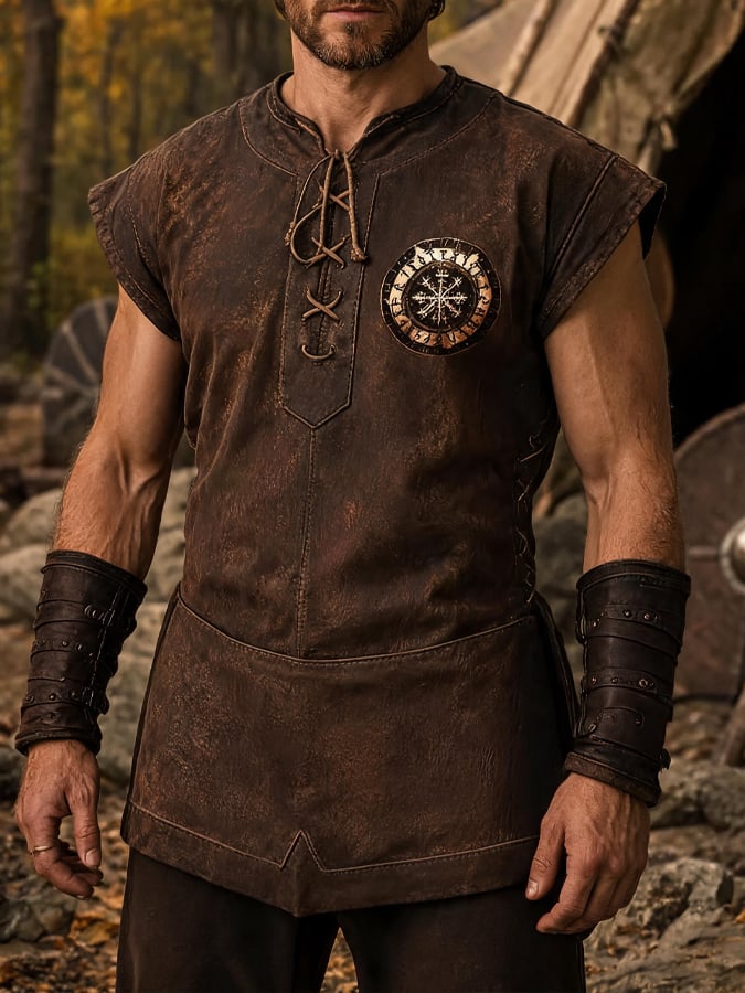 Men's Vintage Viking-Print Lace-Up T-Shirt