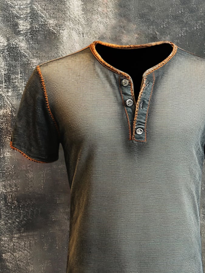 Men's casual Henley short sleeve t-shirt in retro press design