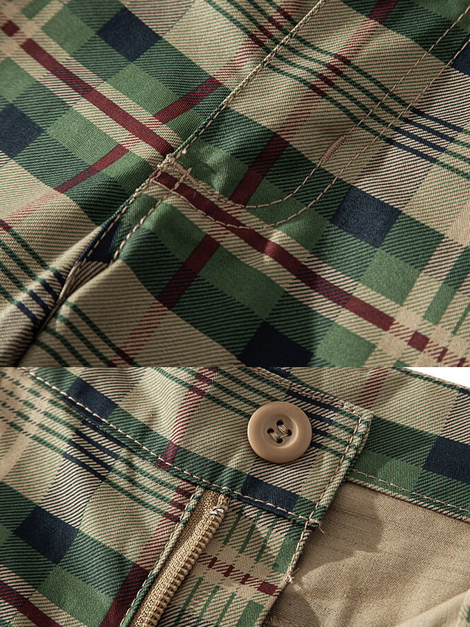 Men's Vintage Outdoor Cotton Plaid Woven Functional Work Shorts
