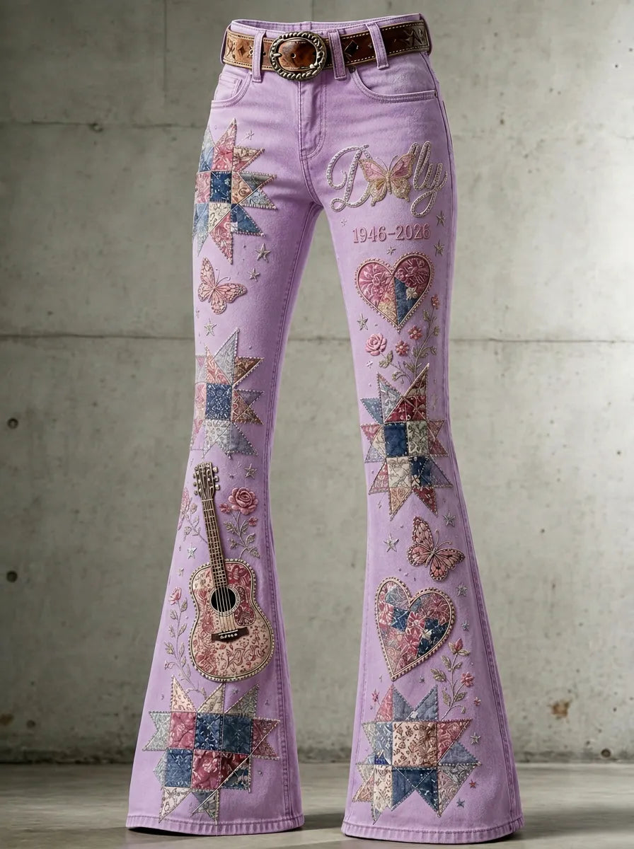 Women's Dolly Parton Guitar Butterfly Quilt Printed Flare Jeans