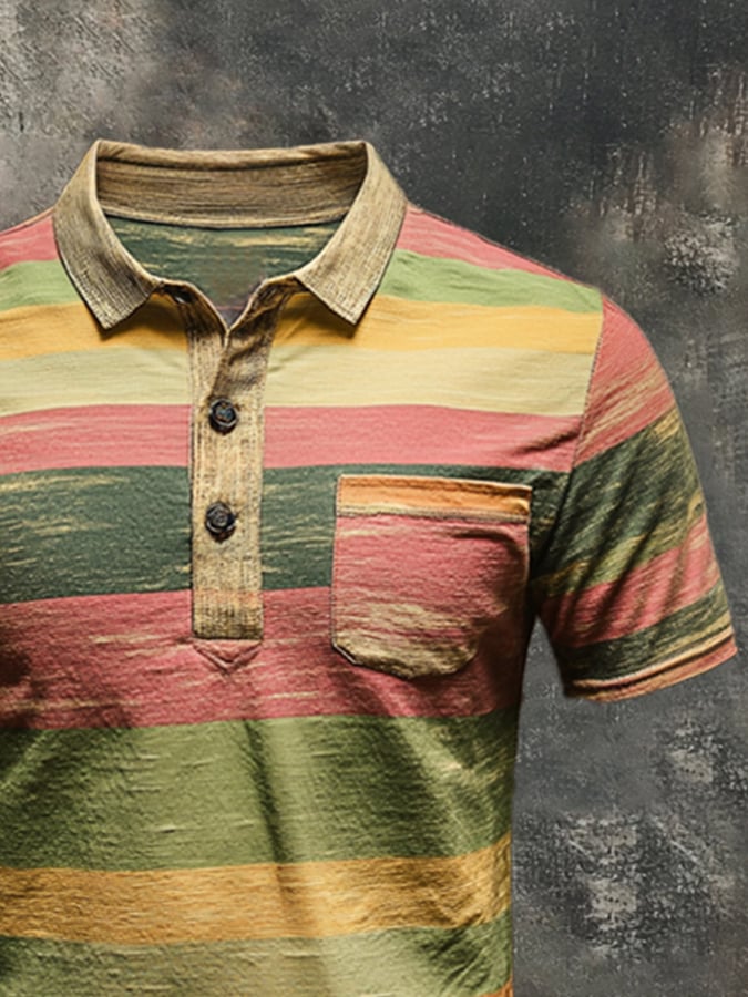 Men's striped colorblock short-sleeve polo shirt