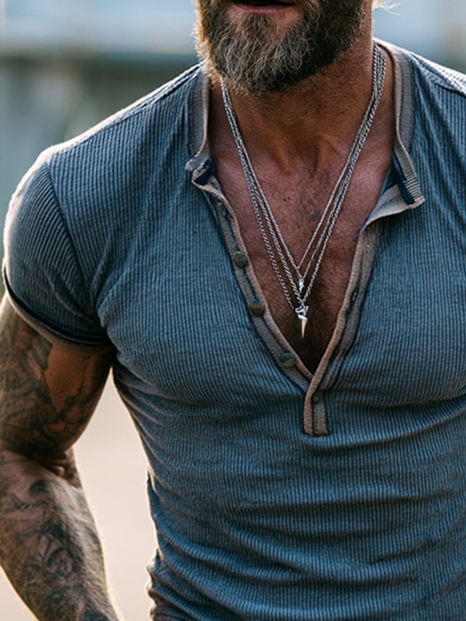 Men'S Fashion Short-Sleeve Henley T-Shirt With Ribbed Paneling And Color-Block Design