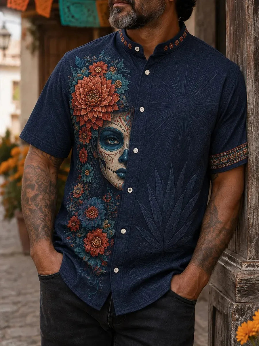 Men's Day Of The Dead Half Catrina Portrait And Multicolored Dahlias Print Stand Collar Short Sleeve Shirt