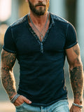 Men'S Fashion Short-Sleeve Henley T-Shirt With Ribbed Paneling And Color-Block Design