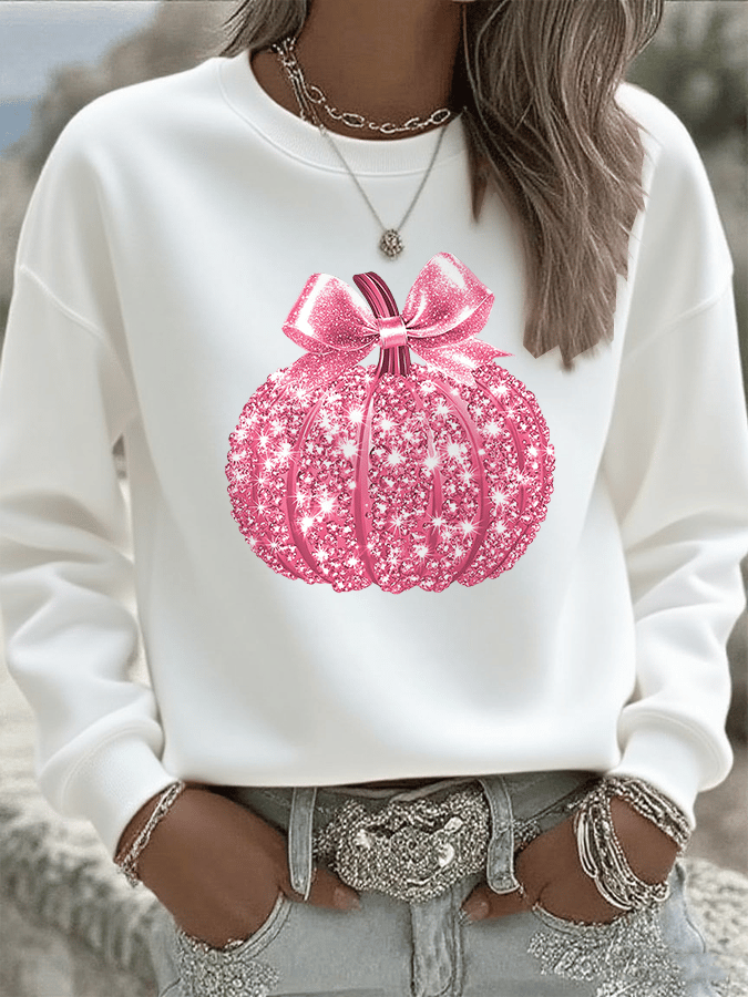 Women's Breast Cancer Sequin Pumpkin Print Crew Neck Sweatshirt