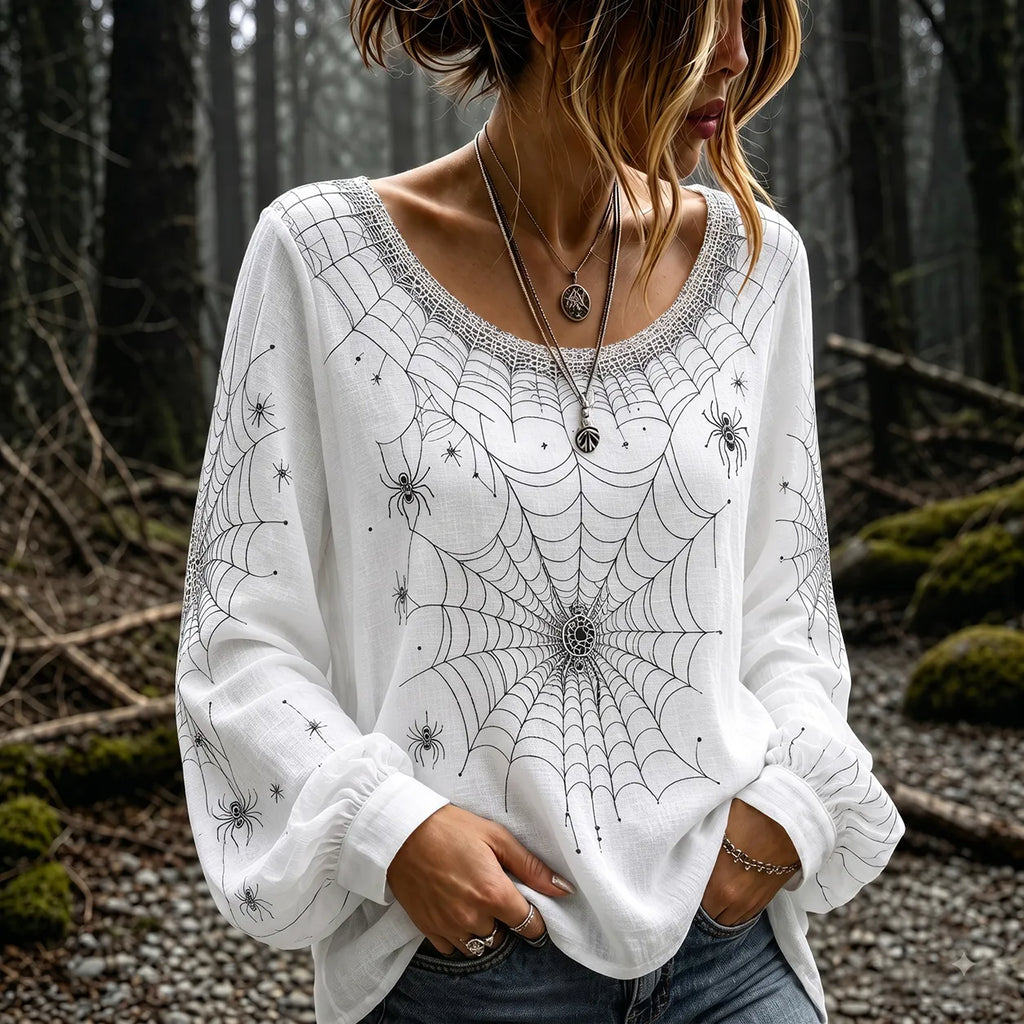Women's Vintage Halloween Spider And Web Embroidery Art Crew Neck Long Sleeve T-shirt