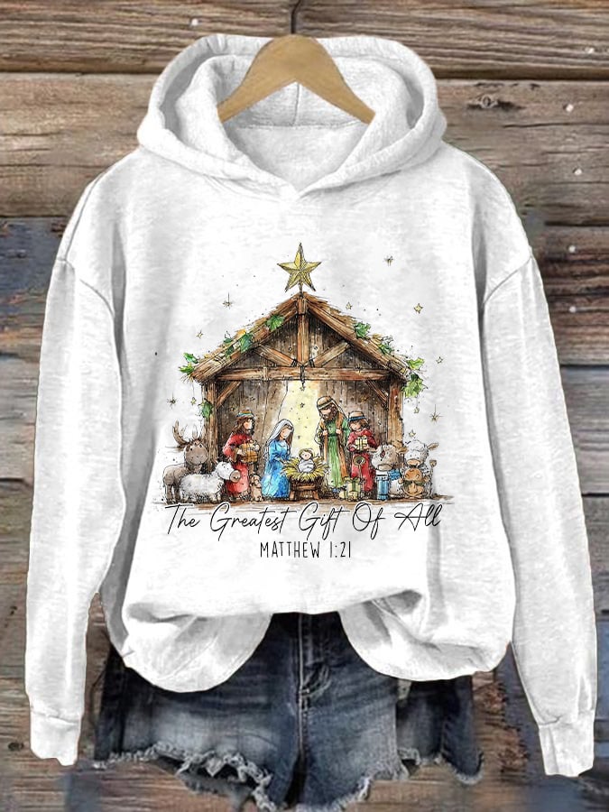 Retro Christmas the greatest gift of all is Jesus Matthew 1:21 Print Hoodie