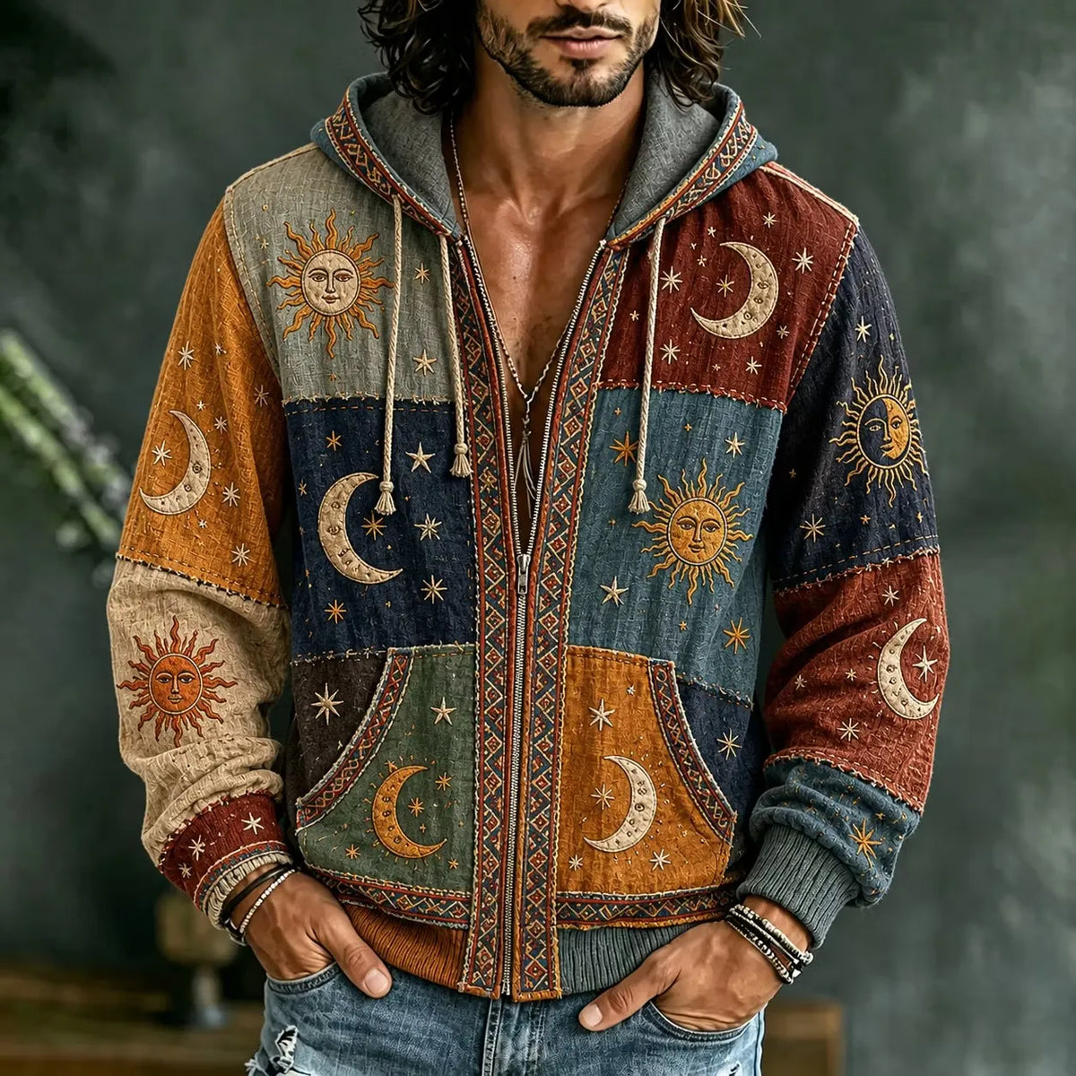 Men's Tribal Border Cosmic Print Zipper Hoodies