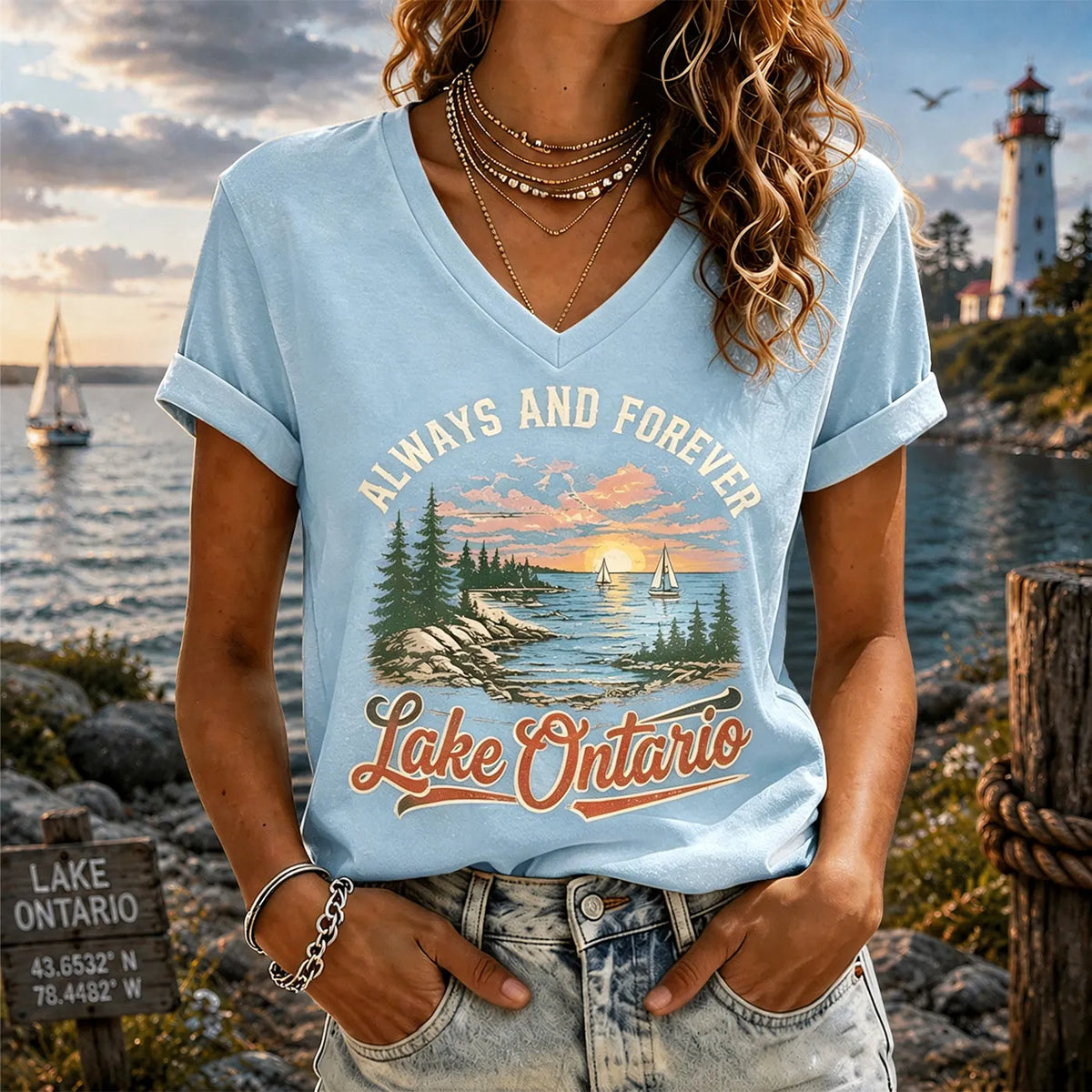 Retro Sunset Lakeside Ontario Timeless V-neck T-shirt