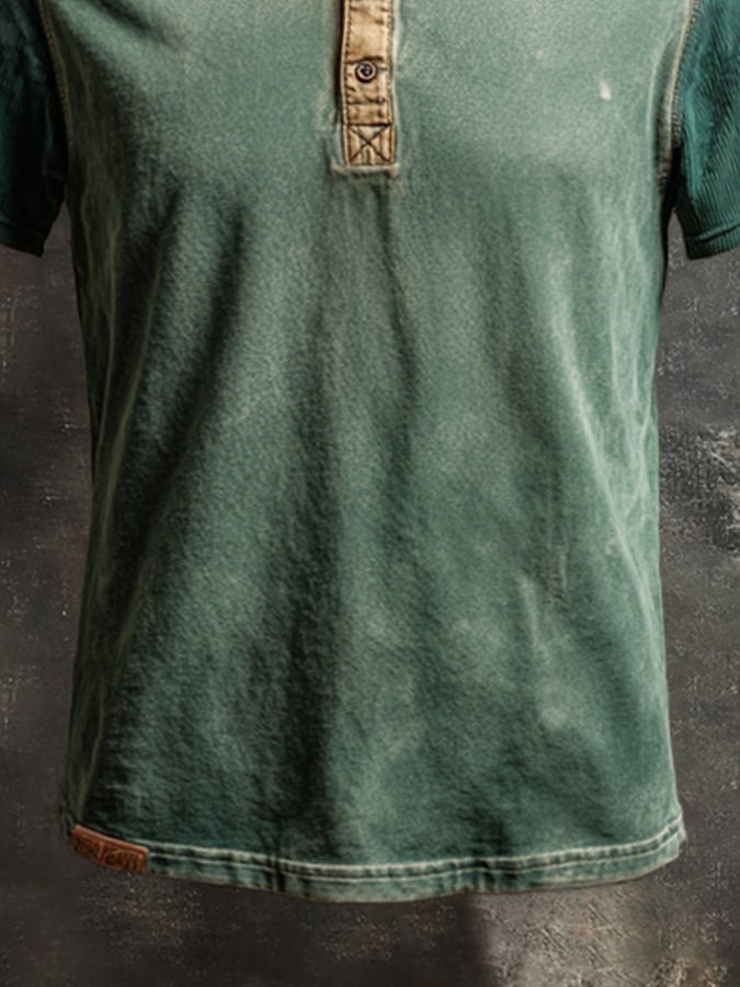 Men's casual retro washed cotton colorblock Henley t-shirt