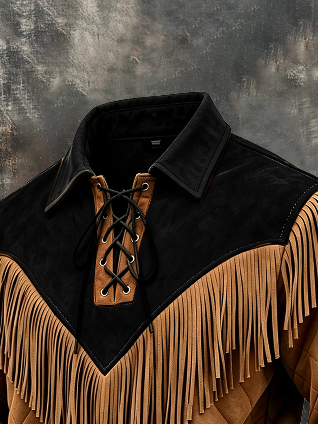 Men's Retro Western-Style Color-Block Lace-Up Sweatshirt with Fringe