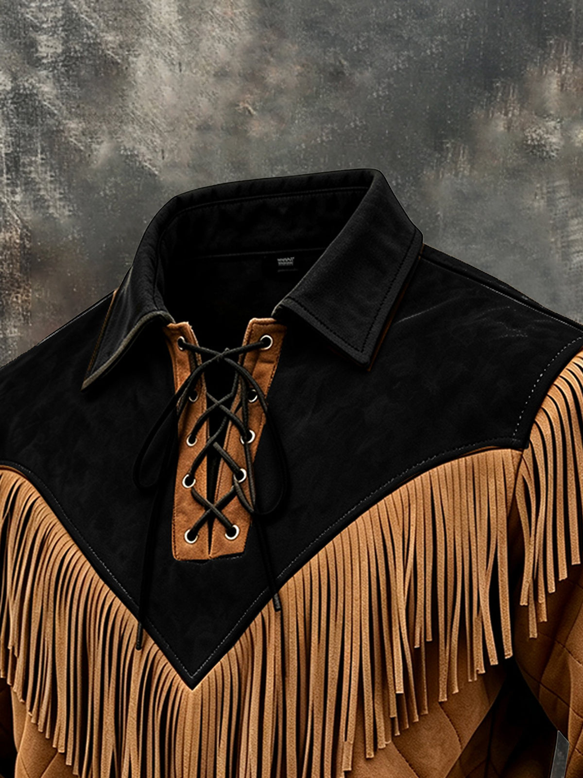 Men's Retro Western-Style Color-Block Lace-Up Sweatshirt with Fringe