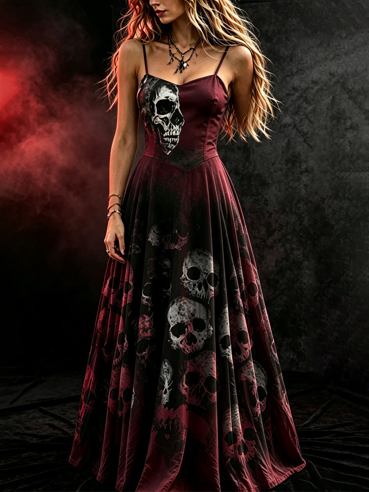 Women's Halloween Long Dress With Black And Red Skull Pattern