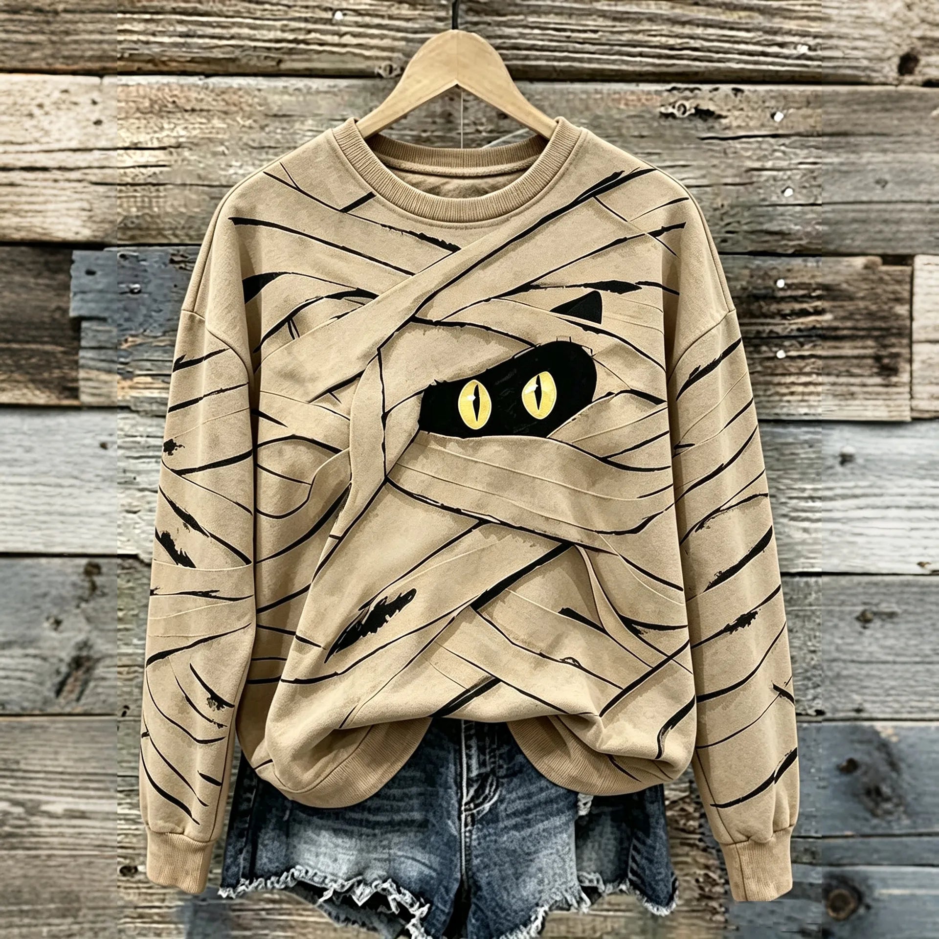 Women's Halloween Cute Mummy Black Cat Cartoon Style Print Casual Sweatshirt