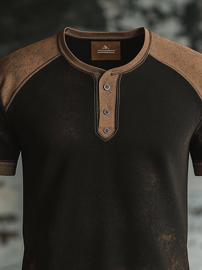 Men's retro colorblock slim fit short sleeve Henley T-shirt