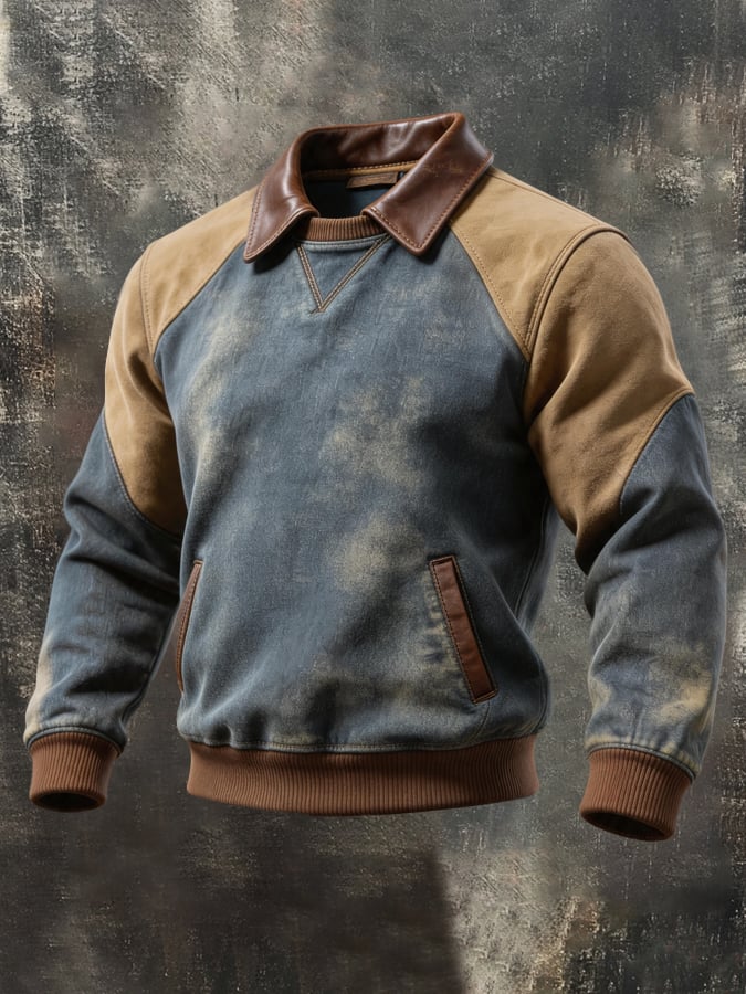 Men'S Retro Color-Block Sweatshirt With Contrast Leather Panels And Collar