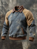 Men'S Retro Color-Block Sweatshirt With Contrast Leather Panels And Collar