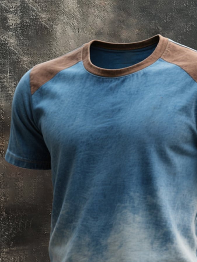 Men's retro washed color block round neck short sleeve t-shirt