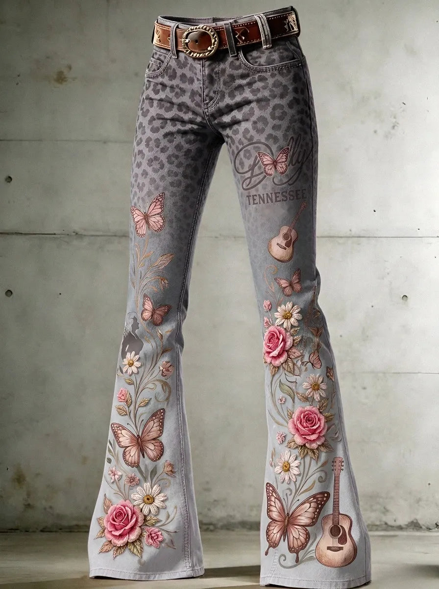 Women's Dolly Parton Tennessee 9to5 Butterfly Rose Guitar Printed Flare Pants