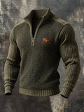 Men's Vintage-Style Suede-Panel Button-Front Long-Sleeve Henley Sweater