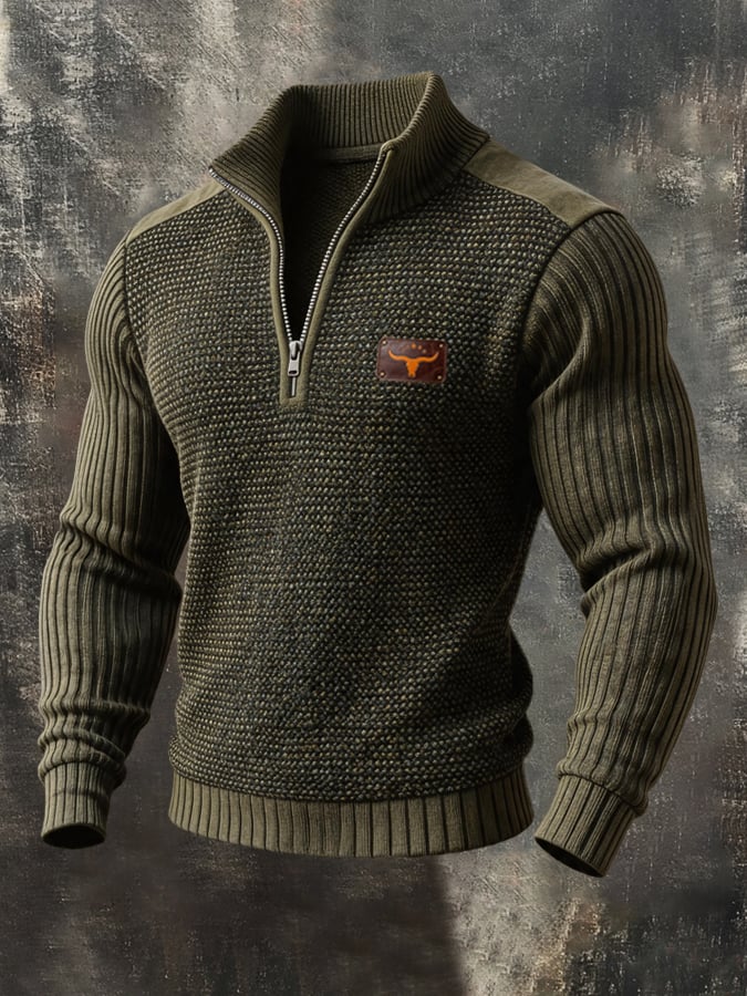 Men's Vintage-Style Suede-Panel Button-Front Long-Sleeve Henley Sweater