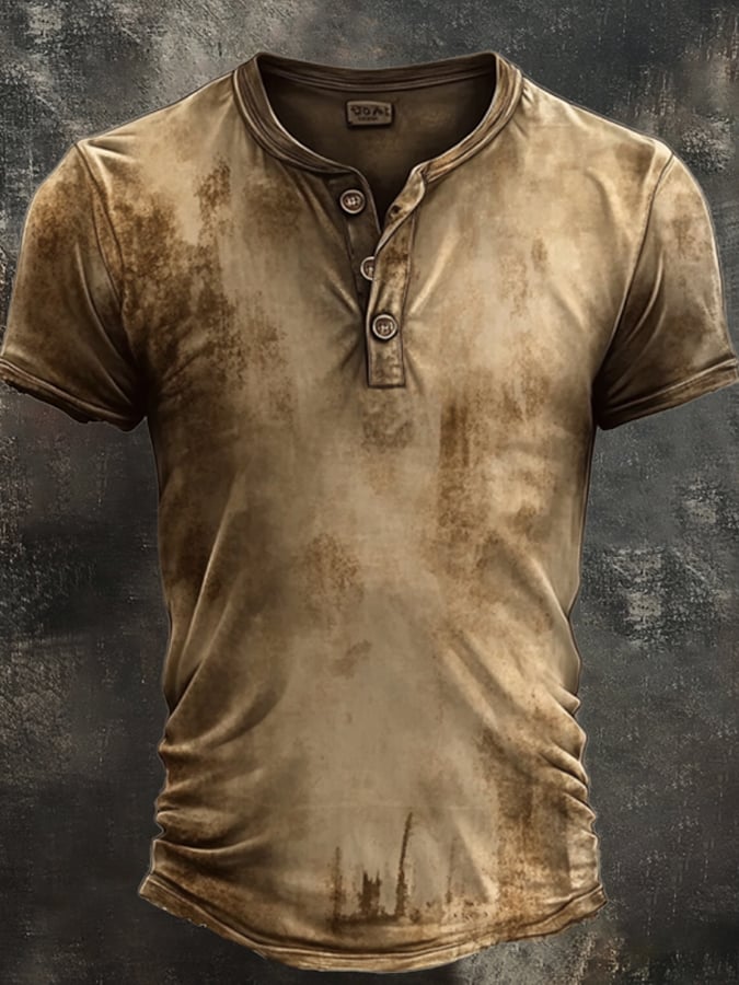 Men's casual vintage style Henley shirt with washed print and short sleeves