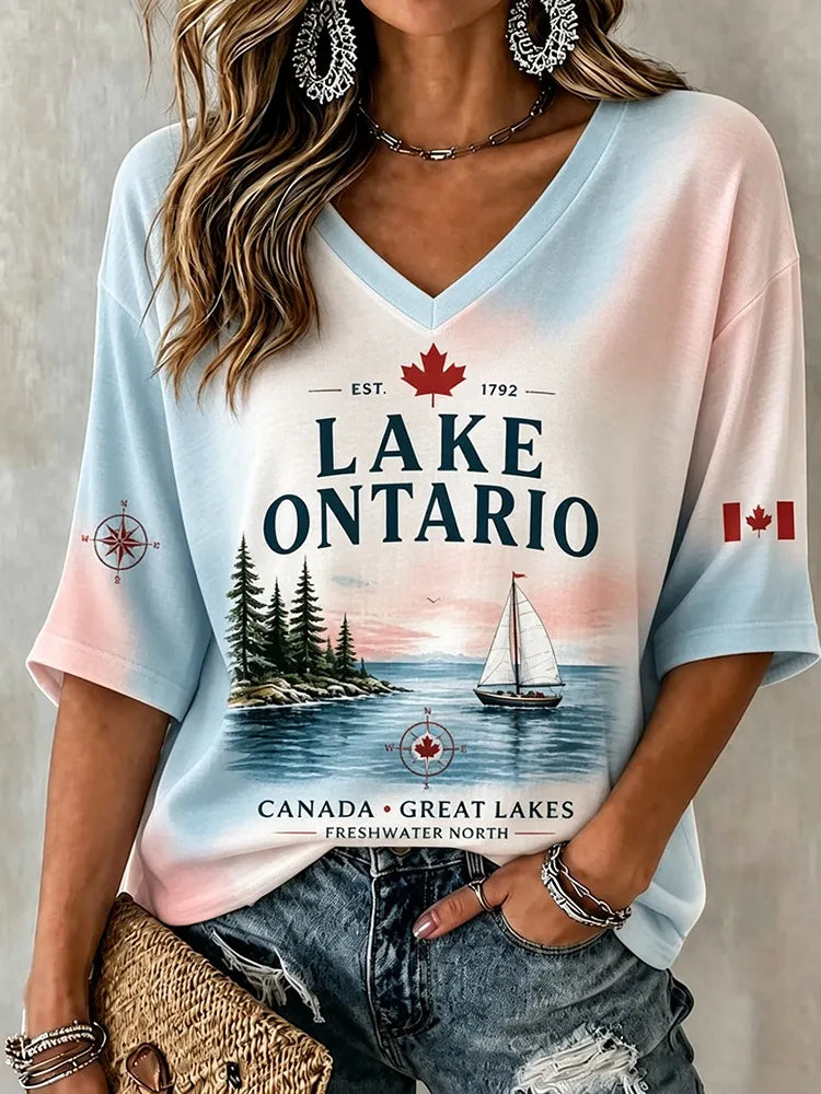 Women's Canada Lake Ontario Print Mid-length Sleeves V-neck T-shirt