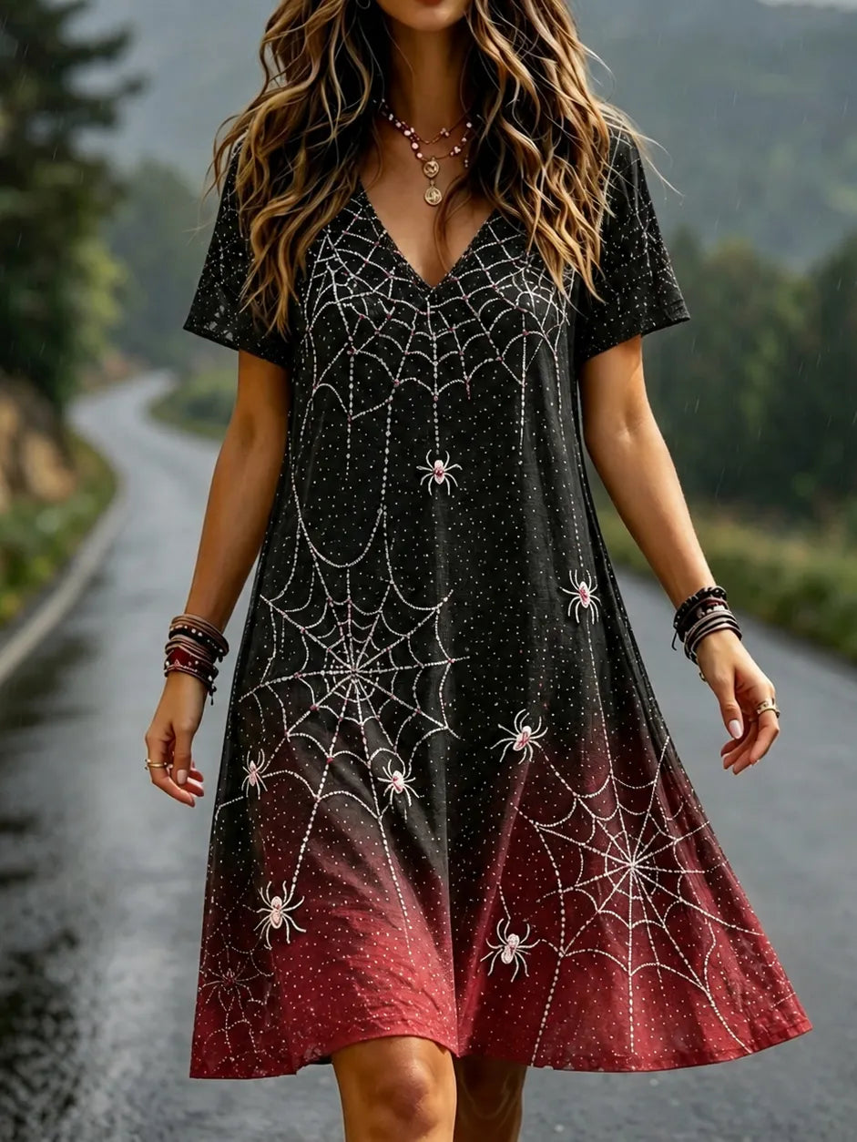 Women's Vintage Halloween Spider And Spiderweb Art V-neck Midi Dress