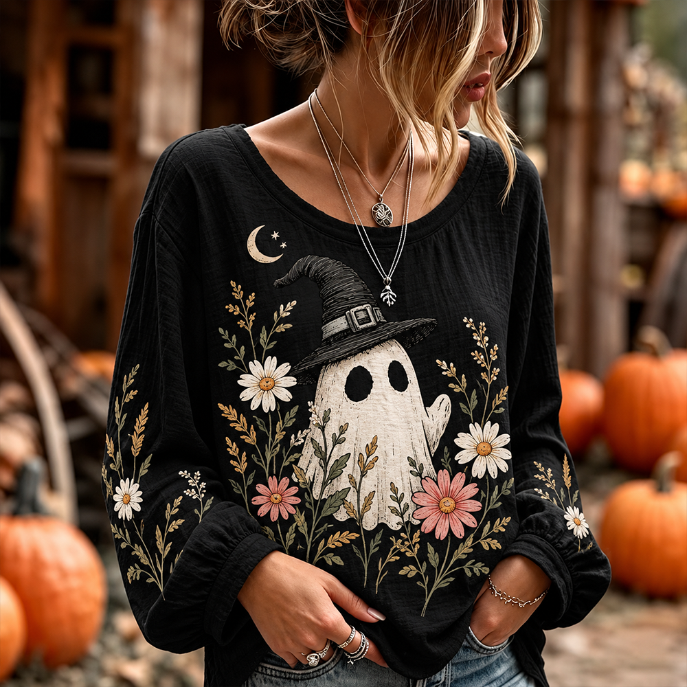 Women's Halloween Cute Ghost And Floral Print Casual Long-sleeve T-shirt