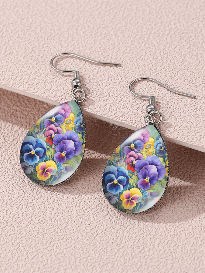 Purple Drop-Shaped Pansy Flower Design Earrings