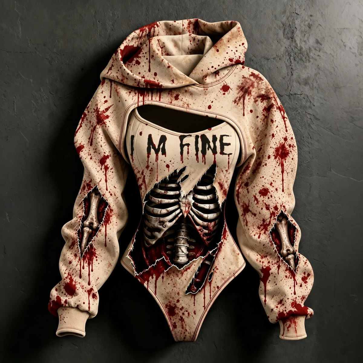 Women's Halloween I'm Fine Bloody Skull Pattern Print Hoodie Two Piece Set