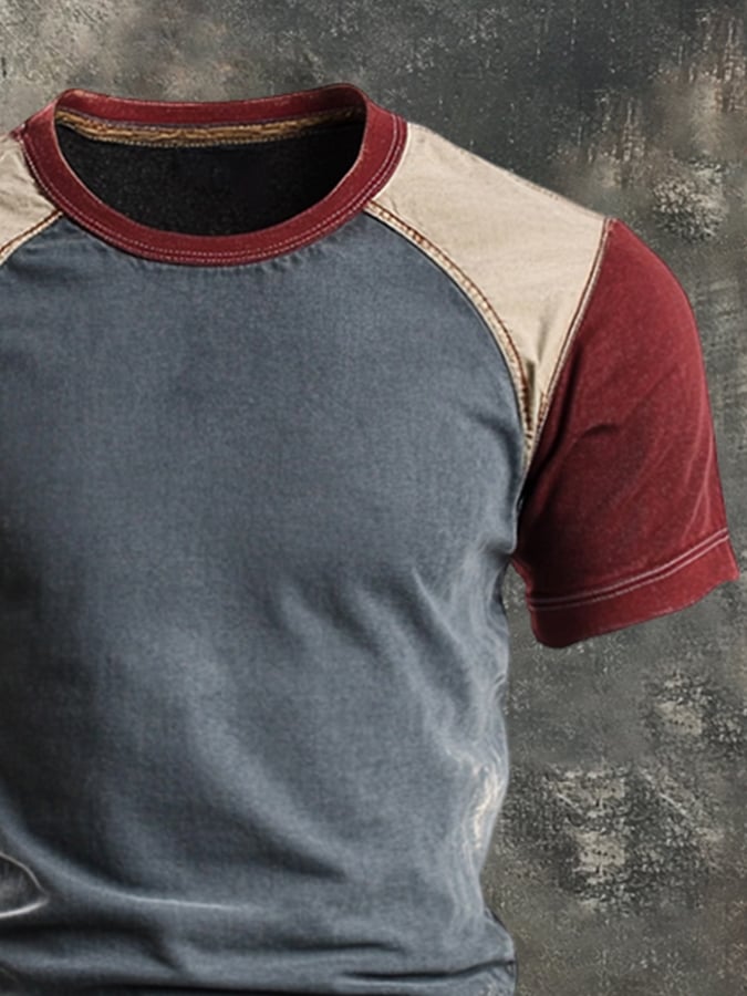 Men's round neck short sleeve t-shirt in retro color block design