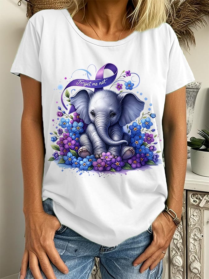 Women's Alzheimer's Disease Awareness Forget Me Not Elephant Print Tee
