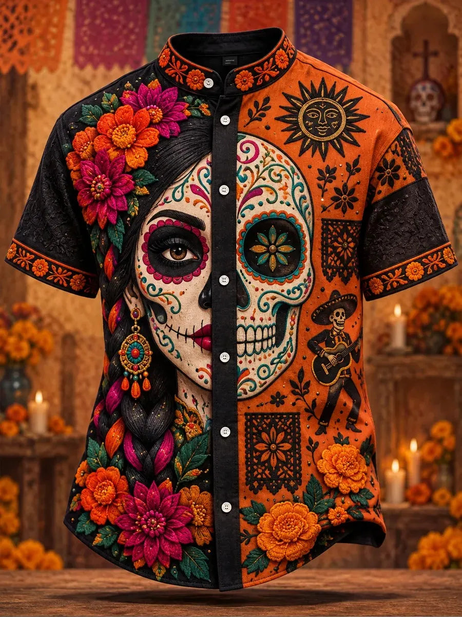 Men's Day Of The Dead Half‐Face Lady Sugar Skull Sun Guitar Skeleton Graphic Stand Collar Short Sleeve Shirt