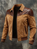 Men's Retro Color-Block Lapel Jacket with Leather Paneling