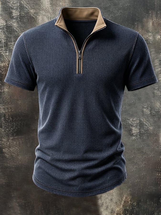 Men's Retro Waffle-Knit & Faux Suede Panel Zip-Collar T-Shirt