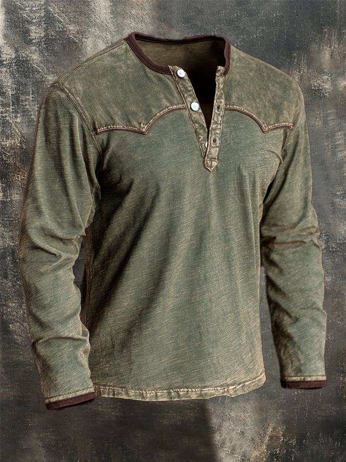 Men's Vintage Comfortable Pure Cotton Color-Block Henley T-Shirt