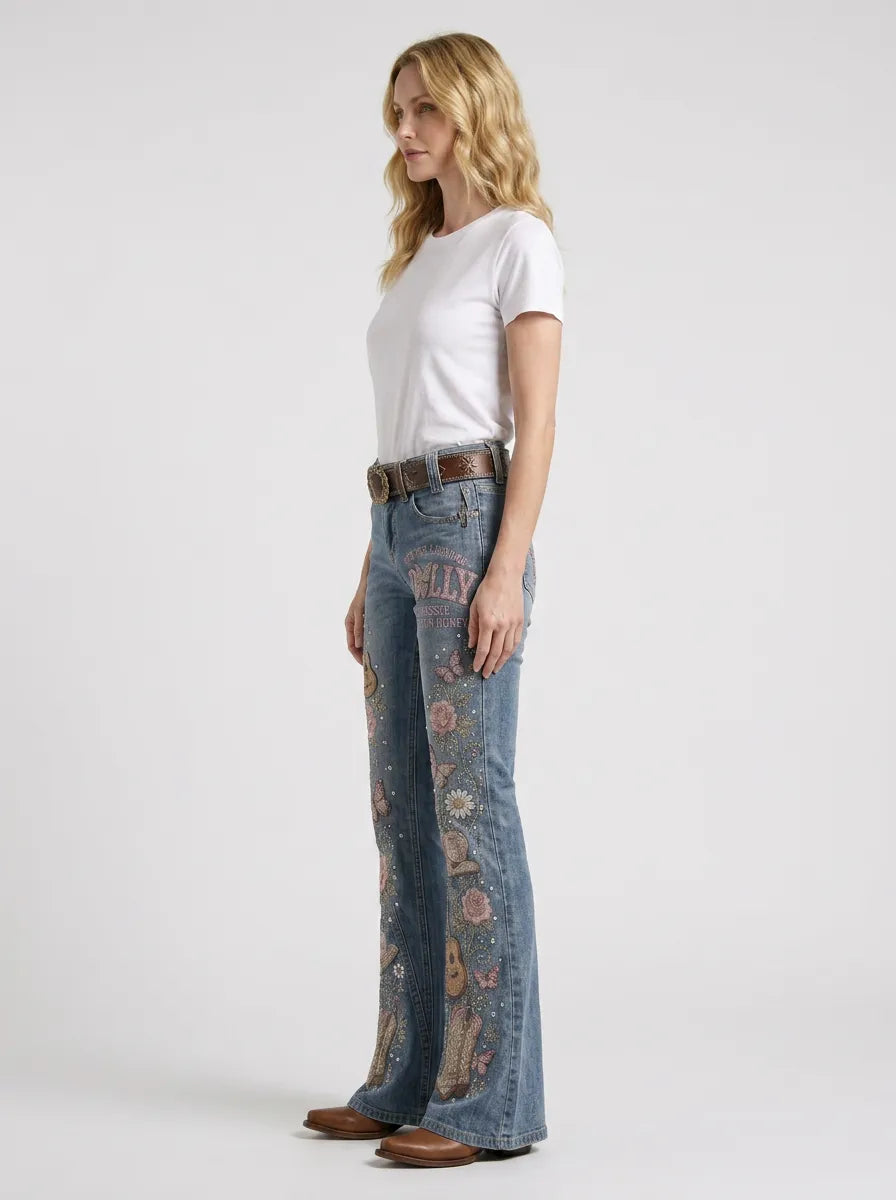 Women's Dolly Parton Guitar Butterfly Rose Printed Flare Jeans