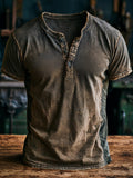 Men'S Short-Sleeve Henley Shirt With Vintage Distressed Print