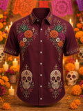 Men's Day Of The Dead Flower And Skull Pattern Print Short Sleeve Buttons Shirt