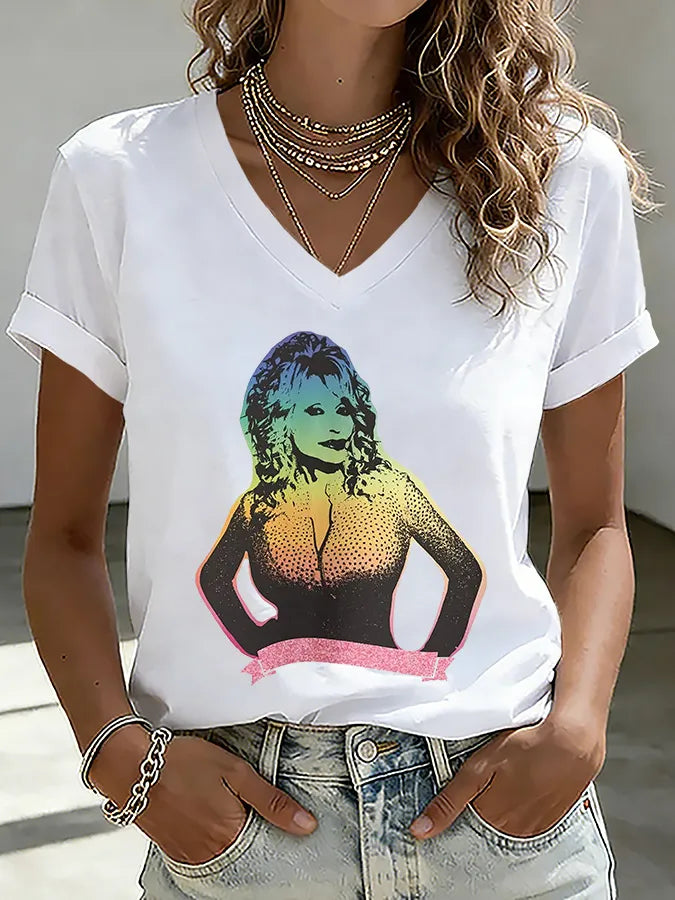V-Neck Retro Dolly Queen Of Country Print T-Shirt