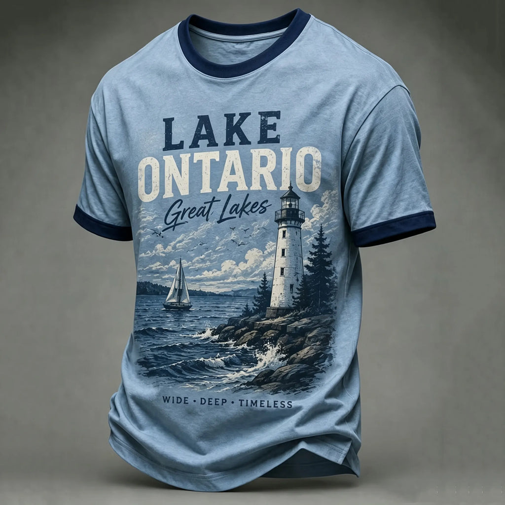 Men's Lake Ontario Lighthouse Landscape Print Crew Neck Short Sleeve T-shirt
